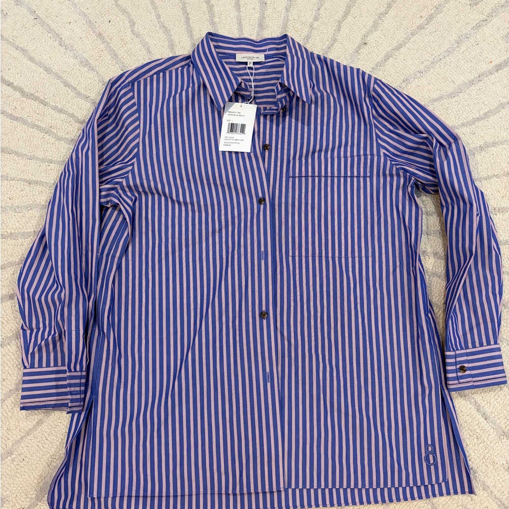 Striped Button-Front Women's Shirt - Blue/Pink